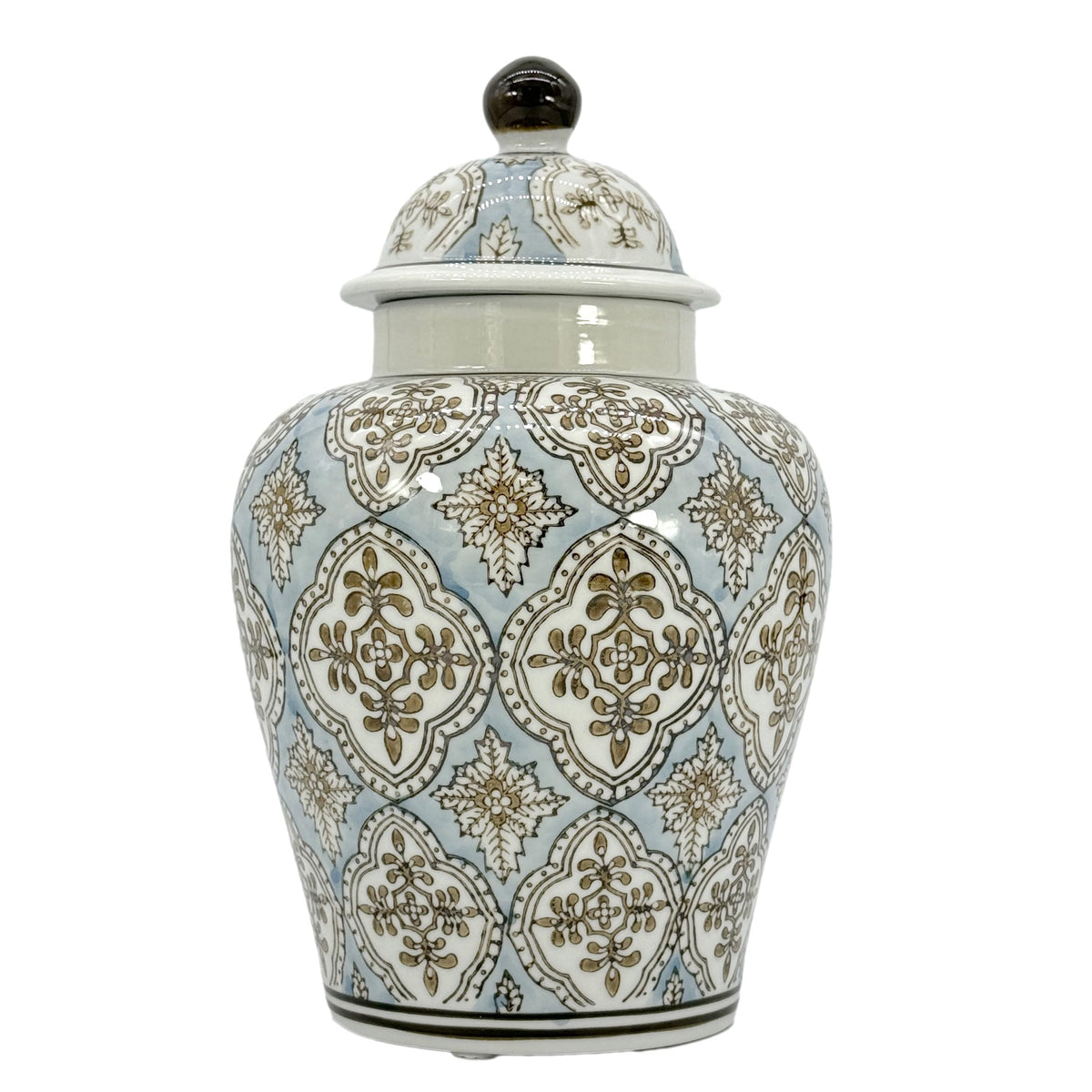 The MM Ginger Jar, a light-blue-and-brown hand-painted mosaic ceramic jar with a lid