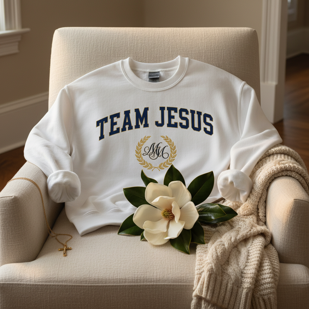 TEAM JESUS Collegiate Sweatshirt draped over linen armchair with magnolia branch