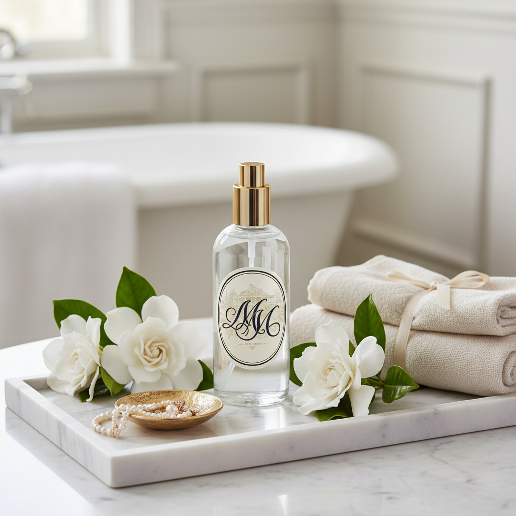 MM House Fragrance Room Spray on marble vanity with gardenias