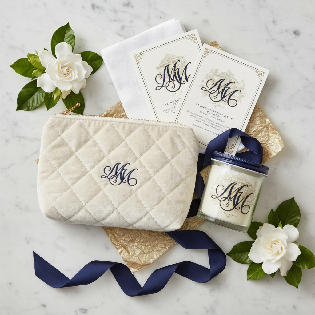 MM Hostess Set Bundle with cosmetic bag, napkins, candle and recipe cards on marble
